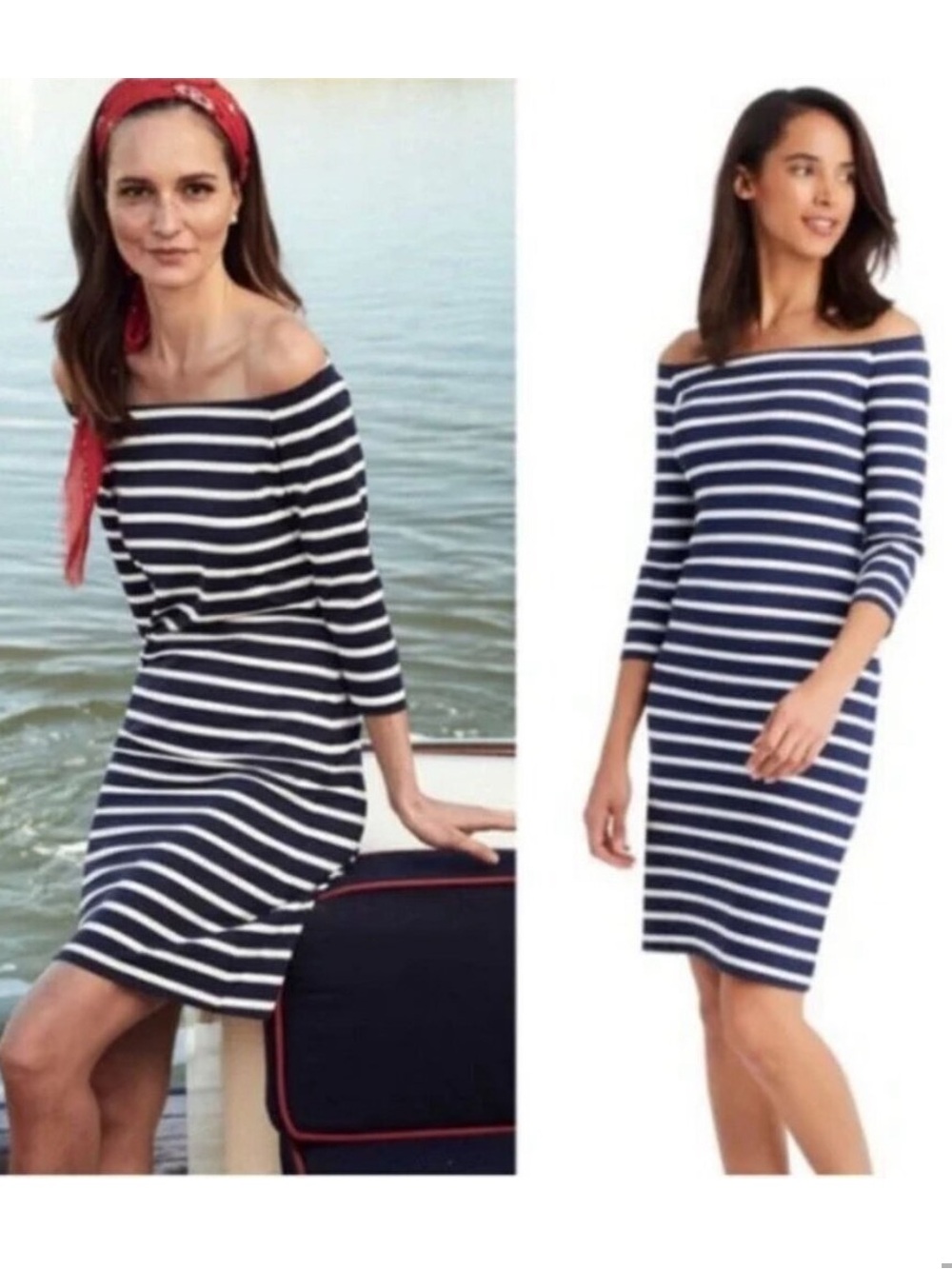 J. McLaughlin Catalina Cloth Striped Off Shoulder Dress Navy Coastal Preppy